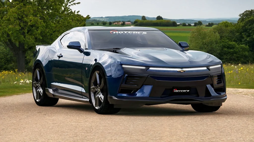 Rendu d'une Chevrolet Camaro de nouvelle génération bleu foncé, vue de trois quarts avant