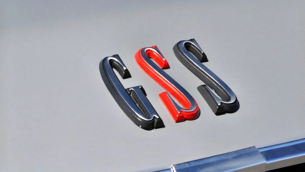 Monogramme GSS chromé avec un S rouge sur la carrosserie de la Dodge Dart