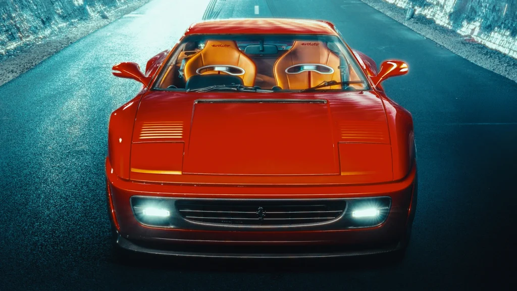 Ferrari F355 by Evoluto rouge vue de face dans un tunnel