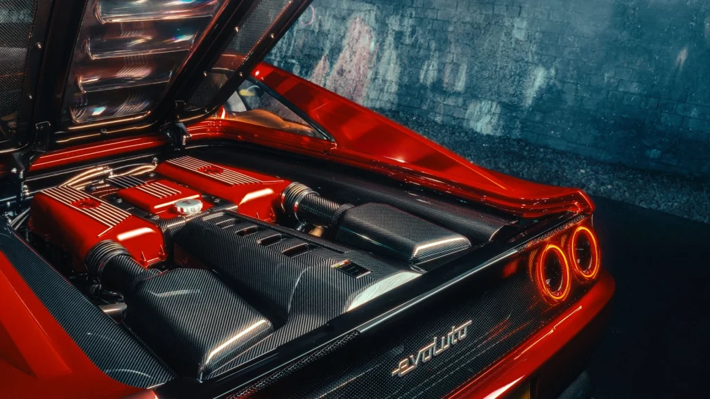 Compartiment moteur de la Ferrari F355 by Evoluto avec le V8 à couvre-culasses rouges