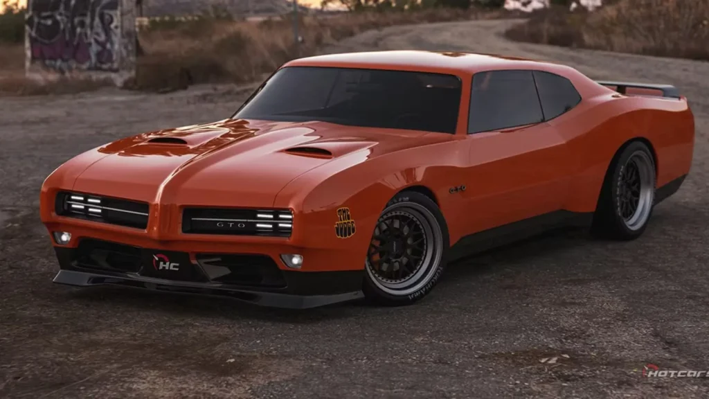 Rendu d'une Pontiac GTO Judge 1969 modernisée orange, vue de trois quarts avant en hauteur