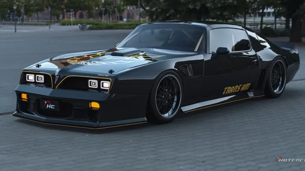 Rendu d'une Pontiac Firebird Trans Am 1977 modernisée noire et or, vue de trois quarts avant en hauteur