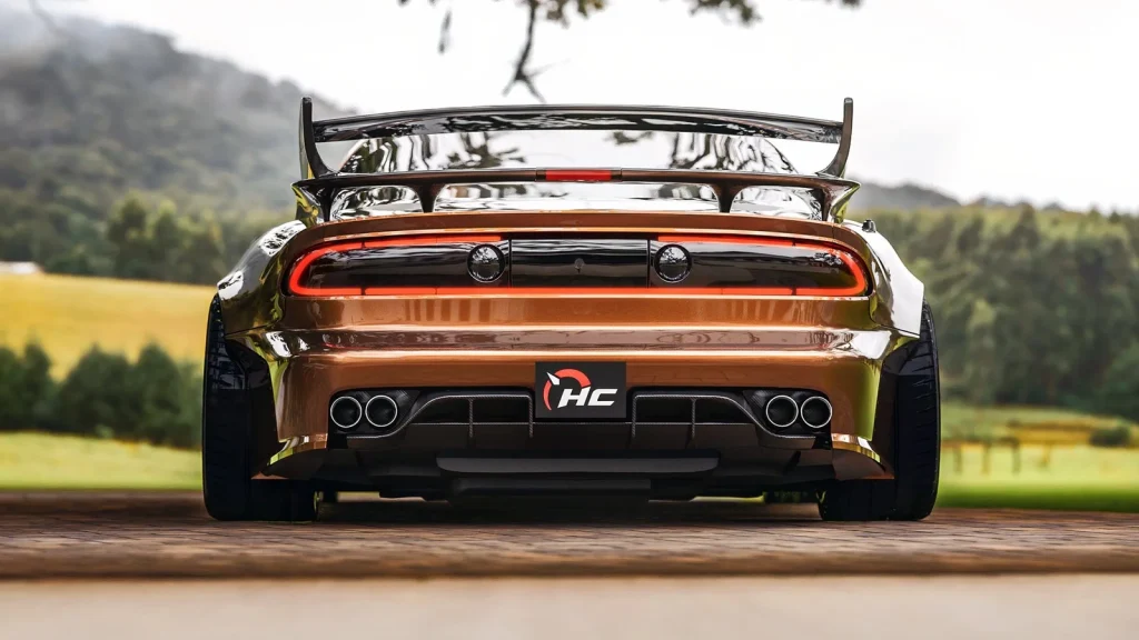 Arrière d'un rendu de Pontiac Trans Am WS6 moderne avec feux sur toute la largeur, quatre sorties d'échappement et grand aileron