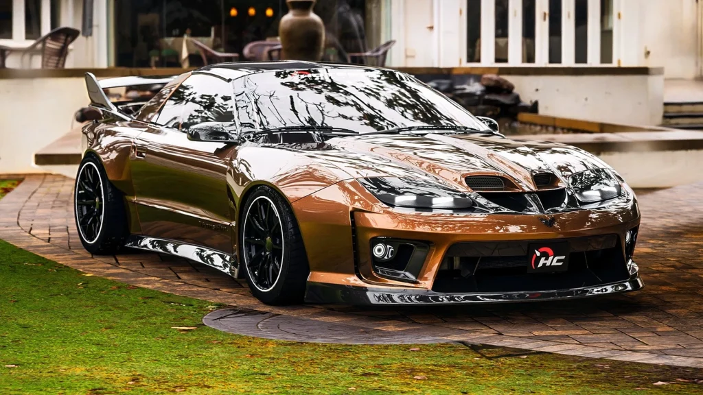 Rendu d'une Pontiac Trans Am WS6 moderne couleur bronze, vue de trois quarts avant