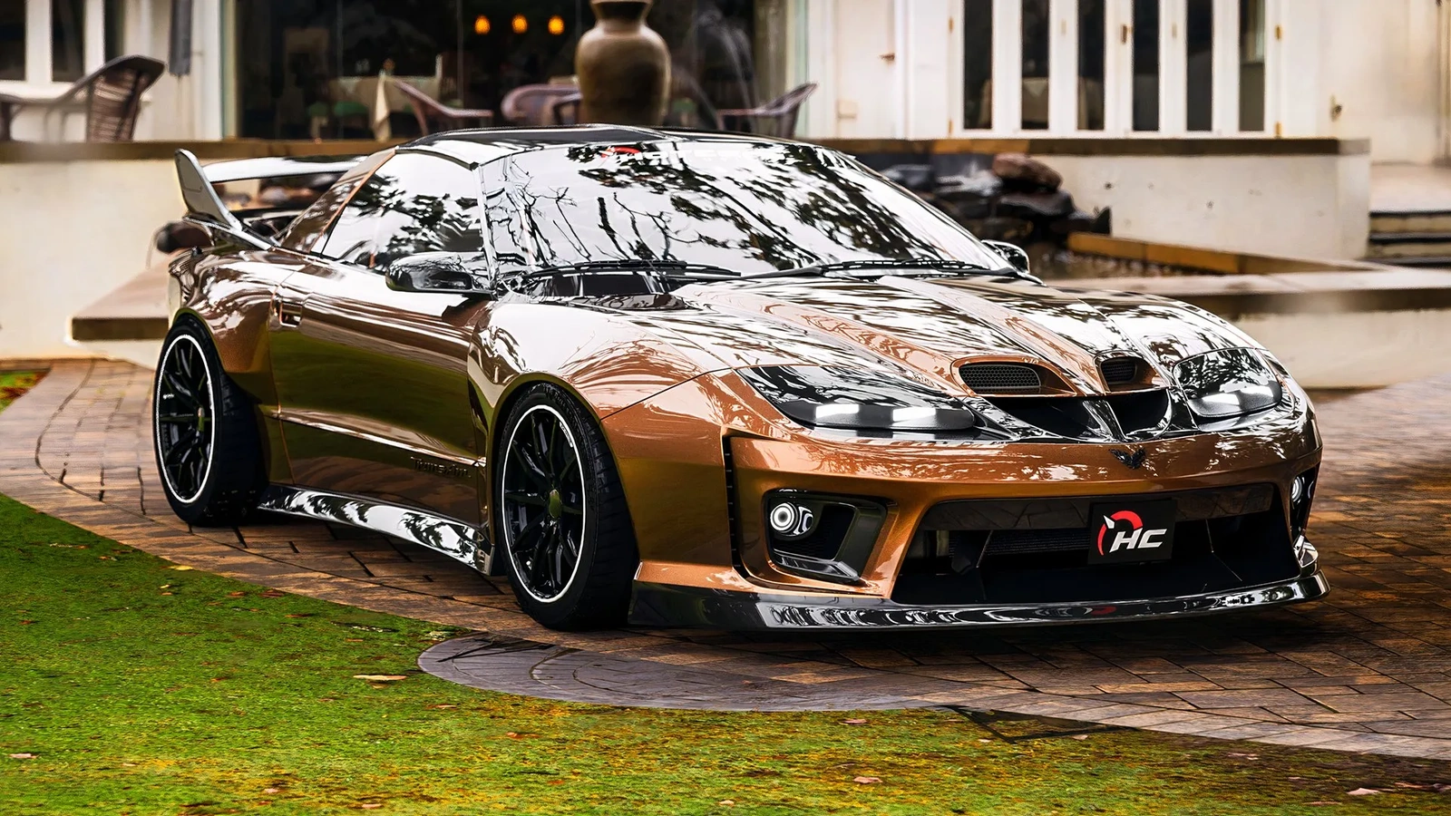 Rendu d'une Pontiac Trans Am WS6 moderne couleur bronze, vue de trois quarts avant