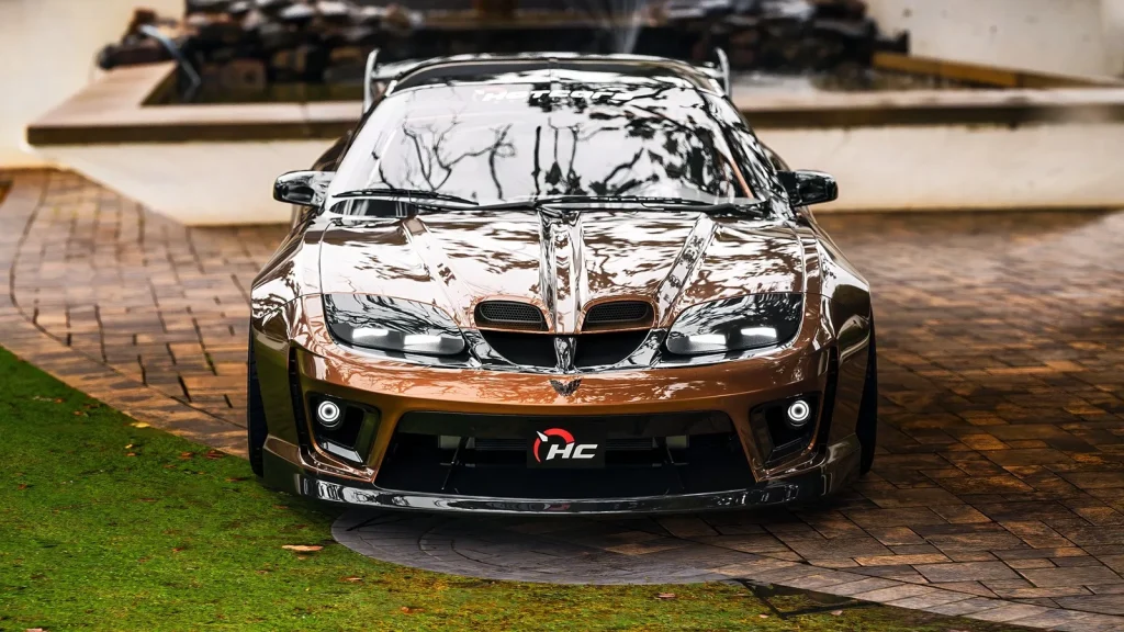 Face avant d'un rendu de Pontiac Trans Am WS6 moderne bronze avec bouclier agressif et lame avant