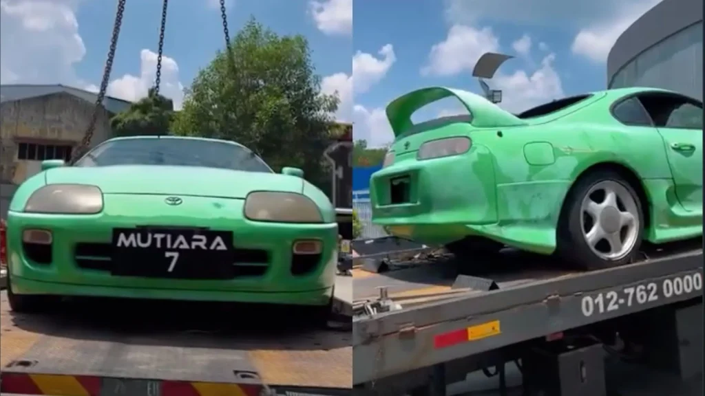Face avant d'une Toyota Supra MK4 verte avec plaque Mutiara 7 et optiques ternies, et vue arrière sans lunette